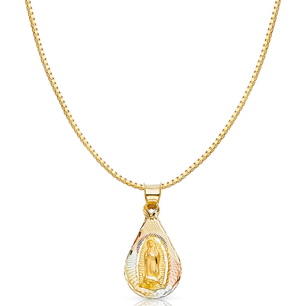 14K Gold Diamond Cut Guadalupe Stamp Religious Charm Pendant with 0.8mm Box Chain Necklace