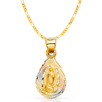 14K Gold Guadalupe Stamp Pendant with 1.6mm Figaro 3+1 Chain