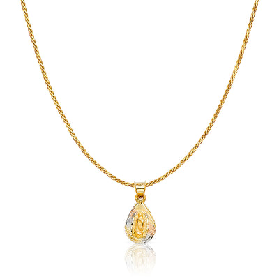 14K Gold Diamond Cut Guadalupe Stamp Charm Pendant with 0.9mm Wheat Chain Necklace