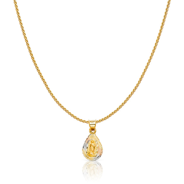 14K Gold Diamond Cut Guadalupe Stamp Charm Pendant with 0.9mm Wheat Chain Necklace