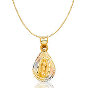 14K Gold Diamond Cut Guadalupe Stamp Religious Charm Pendant with 0.8mm Box Chain Necklace