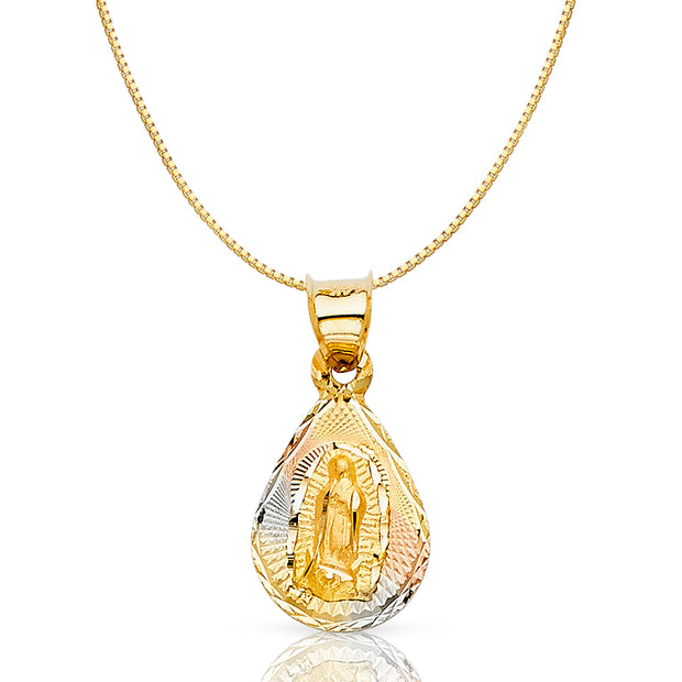 14K Gold Diamond Cut Guadalupe Stamp Religious Charm Pendant with 0.8mm Box Chain Necklace