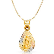 14K Gold Guadalupe Stamp Pendant with 2mm Hollow Cuban Bevel Chain