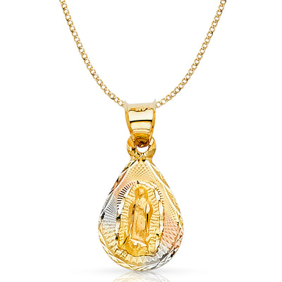 14K Gold Guadalupe Stamp Pendant with 2mm Hollow Cuban Bevel Chain