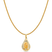 14K Gold Diamond Cut Guadalupe Stamp Charm Pendant with 1.1mm Wheat Chain Necklace