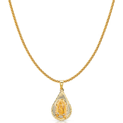 14K Gold Diamond Cut Guadalupe Stamp Charm Pendant with 1.1mm Wheat Chain Necklace