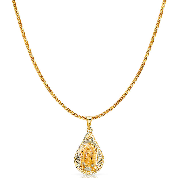 14K Gold Diamond Cut Guadalupe Stamp Charm Pendant with 1.1mm Wheat Chain Necklace