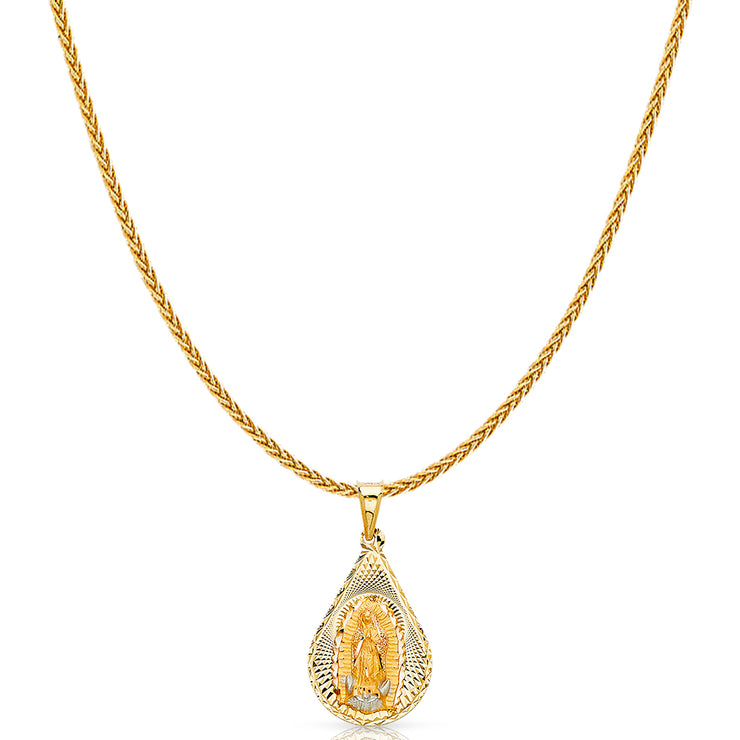 14K Gold Diamond Cut Guadalupe Stamp Charm Pendant with 1.1mm Wheat Chain Necklace