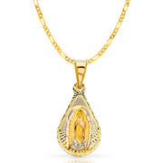 14K Gold Guadalupe Stamp Pendant with 2mm Figaro 3+1 Chain