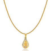 14K Gold Diamond Cut Guadalupe Stamp Charm Pendant with 1.1mm Wheat Chain Necklace