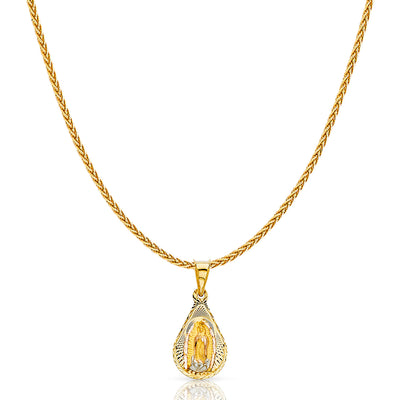 14K Gold Diamond Cut Guadalupe Stamp Charm Pendant with 1.1mm Wheat Chain Necklace