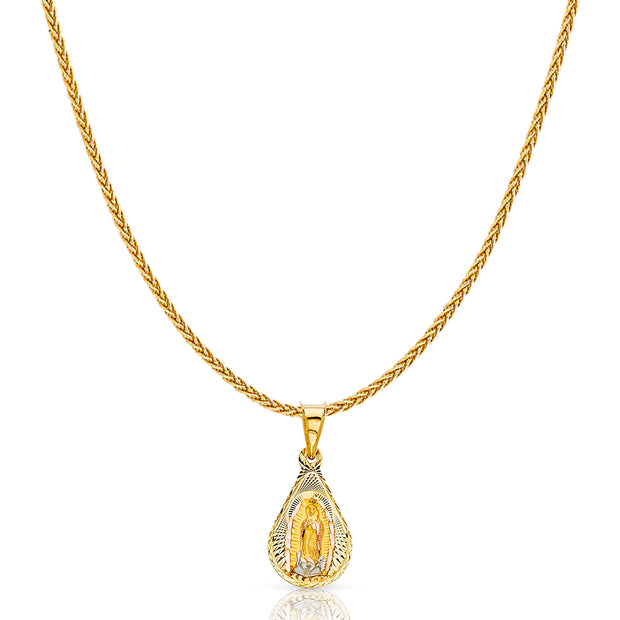 14K Gold Diamond Cut Guadalupe Stamp Charm Pendant with 1.1mm Wheat Chain Necklace
