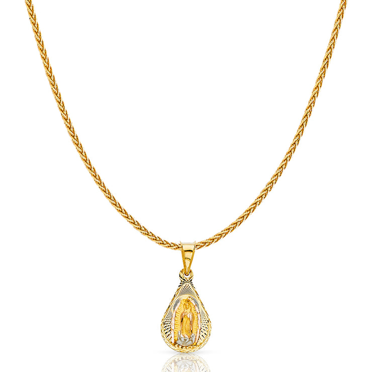 14K Gold Diamond Cut Guadalupe Stamp Charm Pendant with 1.1mm Wheat Chain Necklace