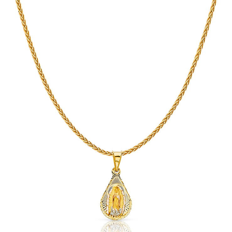 14K Gold Diamond Cut Guadalupe Stamp Charm Pendant with 1.1mm Wheat Chain Necklace