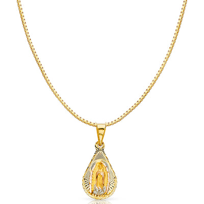 14K Gold Diamond Cut Guadalupe Stamp Religious Charm Pendant with 0.8mm Box Chain Necklace