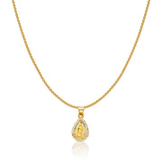 14K Gold Diamond Cut Guadalupe Stamp Charm Pendant with 0.9mm Wheat Chain Necklace