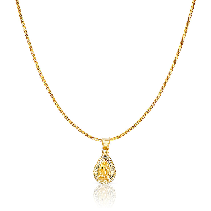 14K Gold Diamond Cut Guadalupe Stamp Charm Pendant with 0.9mm Wheat Chain Necklace