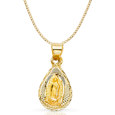 14K Gold Guadalupe Stamp Pendant with 2mm Hollow Cuban Bevel Chain