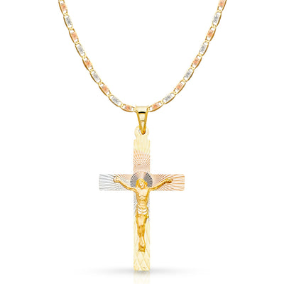 14K Gold Crucifix Jesus Cross Stamp Pendant with 2.6mm Valentino Star Chain
