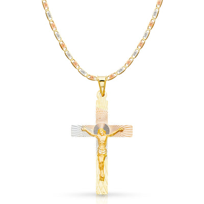14K Gold Crucifix Jesus Cross Stamp Pendant with 2.6mm Valentino Star Chain