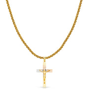 14K Gold Diamond Cut Crucifix Jesus Cross Stamp Charm Pendant with 1.4mm Round Wheat Chain Necklace