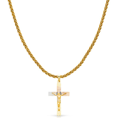 14K Gold Diamond Cut Crucifix Jesus Cross Stamp Charm Pendant with 1.4mm Round Wheat Chain Necklace