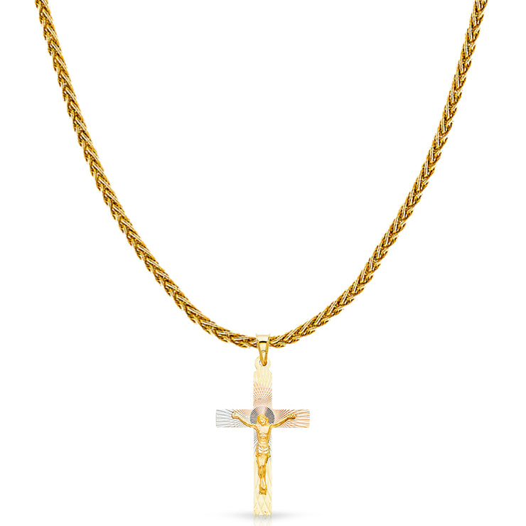 14K Gold Diamond Cut Crucifix Jesus Cross Stamp Charm Pendant with 1.4mm Round Wheat Chain Necklace