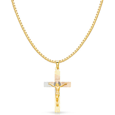 14K Gold Diamond Cut Crucifix Jesus Cross Stamp Religious Charm Pendant with 1.2mm Box Chain Necklace