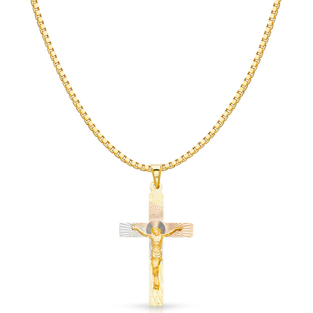 14K Gold Diamond Cut Crucifix Jesus Cross Stamp Religious Charm Pendant with 1.2mm Box Chain Necklace