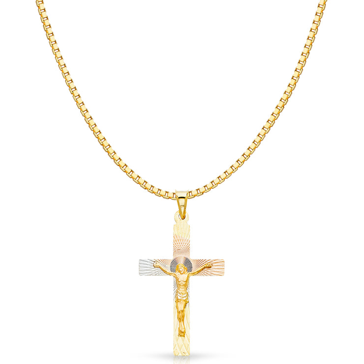 14K Gold Diamond Cut Crucifix Jesus Cross Stamp Religious Charm Pendant with 1.2mm Box Chain Necklace