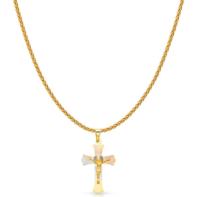 14K Gold Diamond Cut Crucifix Jesus Cross Stamp Charm Pendant with 1.1mm Wheat Chain Necklace