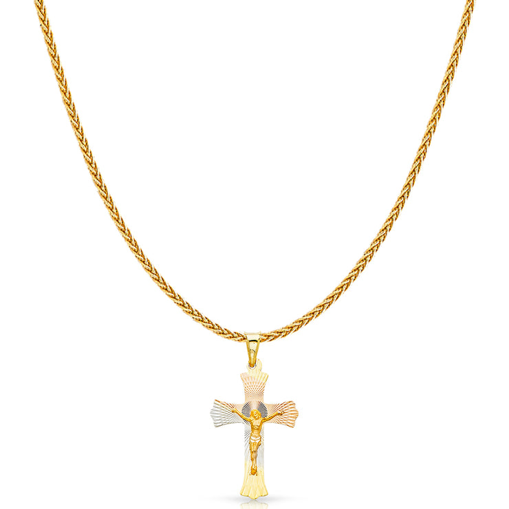 14K Gold Diamond Cut Crucifix Jesus Cross Stamp Charm Pendant with 1.1mm Wheat Chain Necklace