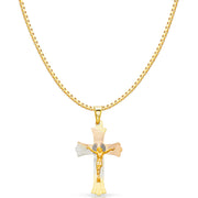 14K Gold Diamond Cut Crucifix Jesus Cross Stamp Religious Charm Pendant with 1.2mm Box Chain Necklace