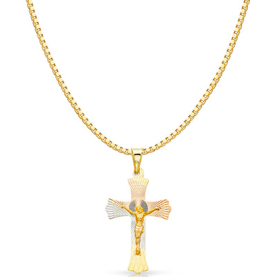 14K Gold Diamond Cut Crucifix Jesus Cross Stamp Religious Charm Pendant with 1.2mm Box Chain Necklace