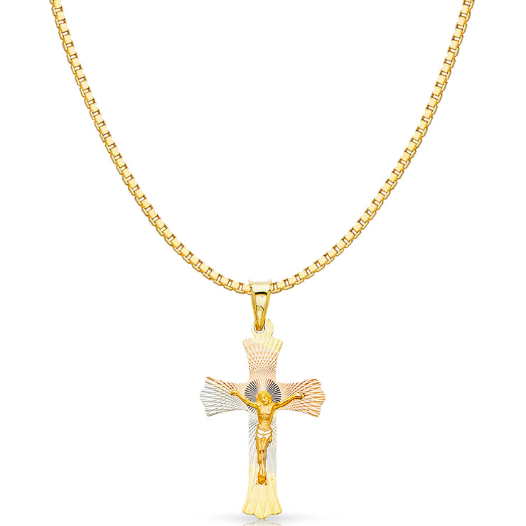 14K Gold Diamond Cut Crucifix Jesus Cross Stamp Religious Charm Pendant with 1.2mm Box Chain Necklace