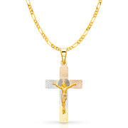 14K Gold Crucifix Jesus Cross Stamp Pendant with 2.3mm Figaro 3+1 Chain