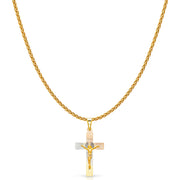 14K Gold Diamond Cut Crucifix Jesus Cross Stamp Charm Pendant with 1.1mm Wheat Chain Necklace