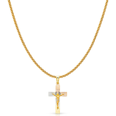 14K Gold Diamond Cut Crucifix Jesus Cross Stamp Charm Pendant with 1.1mm Wheat Chain Necklace