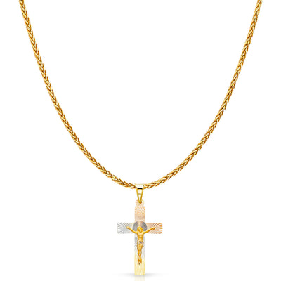 14K Gold Diamond Cut Crucifix Jesus Cross Stamp Charm Pendant with 1.1mm Wheat Chain Necklace