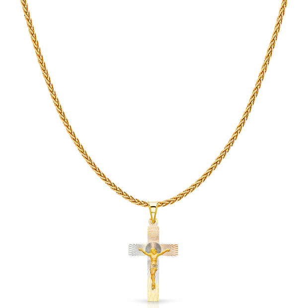 14K Gold Diamond Cut Crucifix Jesus Cross Stamp Charm Pendant with 1.1mm Wheat Chain Necklace