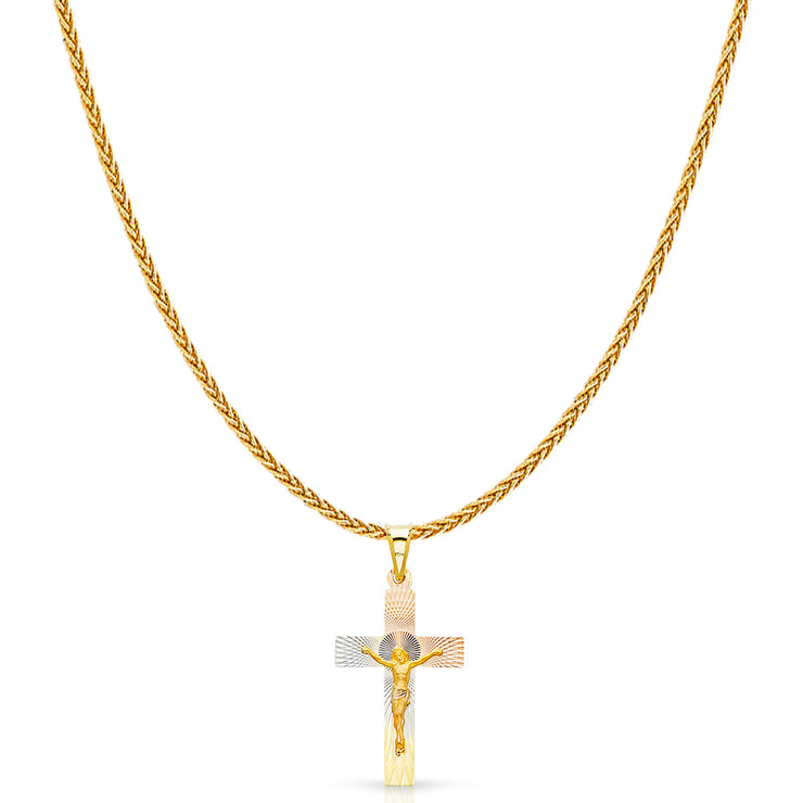 14K Gold Diamond Cut Crucifix Jesus Cross Stamp Charm Pendant with 1.1mm Wheat Chain Necklace