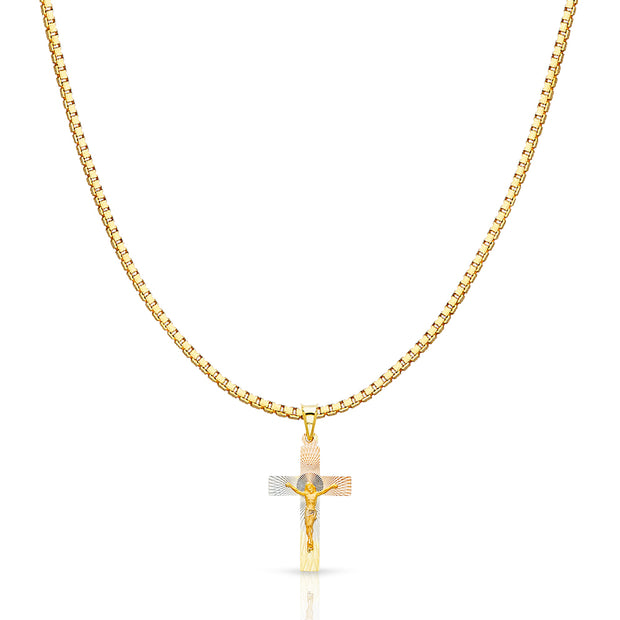 14K Gold Diamond Cut Crucifix Jesus Cross Stamp Religious Charm Pendant with 1.2mm Box Chain Necklace