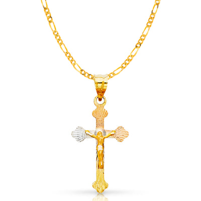 14K Gold Crucifix Jesus Cross Stamp Pendant with 2mm Figaro 3+1 Chain