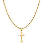 14K Gold Diamond Cut Crucifix Jesus Cross Stamp Charm Pendant with 1.1mm Wheat Chain Necklace