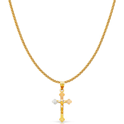 14K Gold Diamond Cut Crucifix Jesus Cross Stamp Charm Pendant with 1.1mm Wheat Chain Necklace