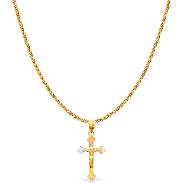 14K Gold Diamond Cut Crucifix Jesus Cross Stamp Charm Pendant with 1.1mm Wheat Chain Necklace