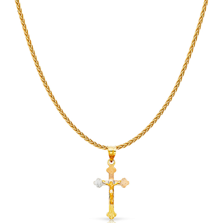 14K Gold Diamond Cut Crucifix Jesus Cross Stamp Charm Pendant with 1.1mm Wheat Chain Necklace