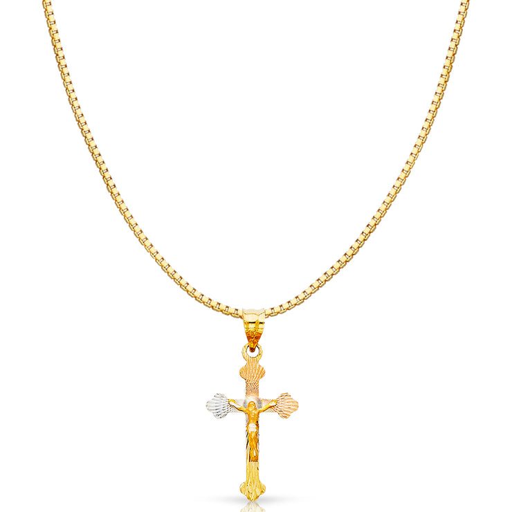 14K Gold Diamond Cut Crucifix Jesus Cross Stamp Religious Charm Pendant with 0.8mm Box Chain Necklace