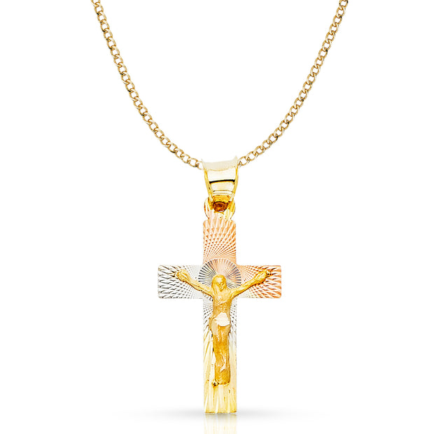 14K Gold Crucifix Jesus Cross Stamp Pendant with 2.3mm Hollow Cuban Chain