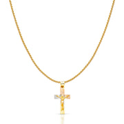 14K Gold Diamond Cut Crucifix Jesus Cross Stamp Charm Pendant with 0.9mm Wheat Chain Necklace